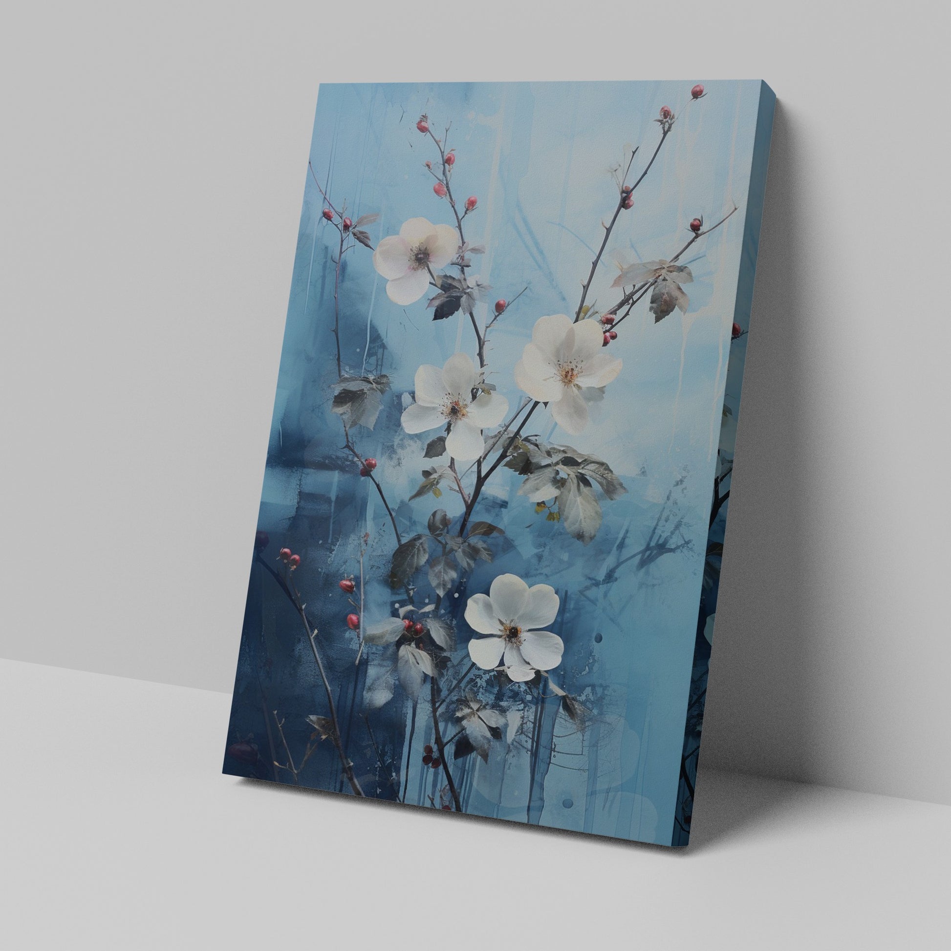 Framed canvas print of ethereal white blossoms with red berries against a textured blue abstract background