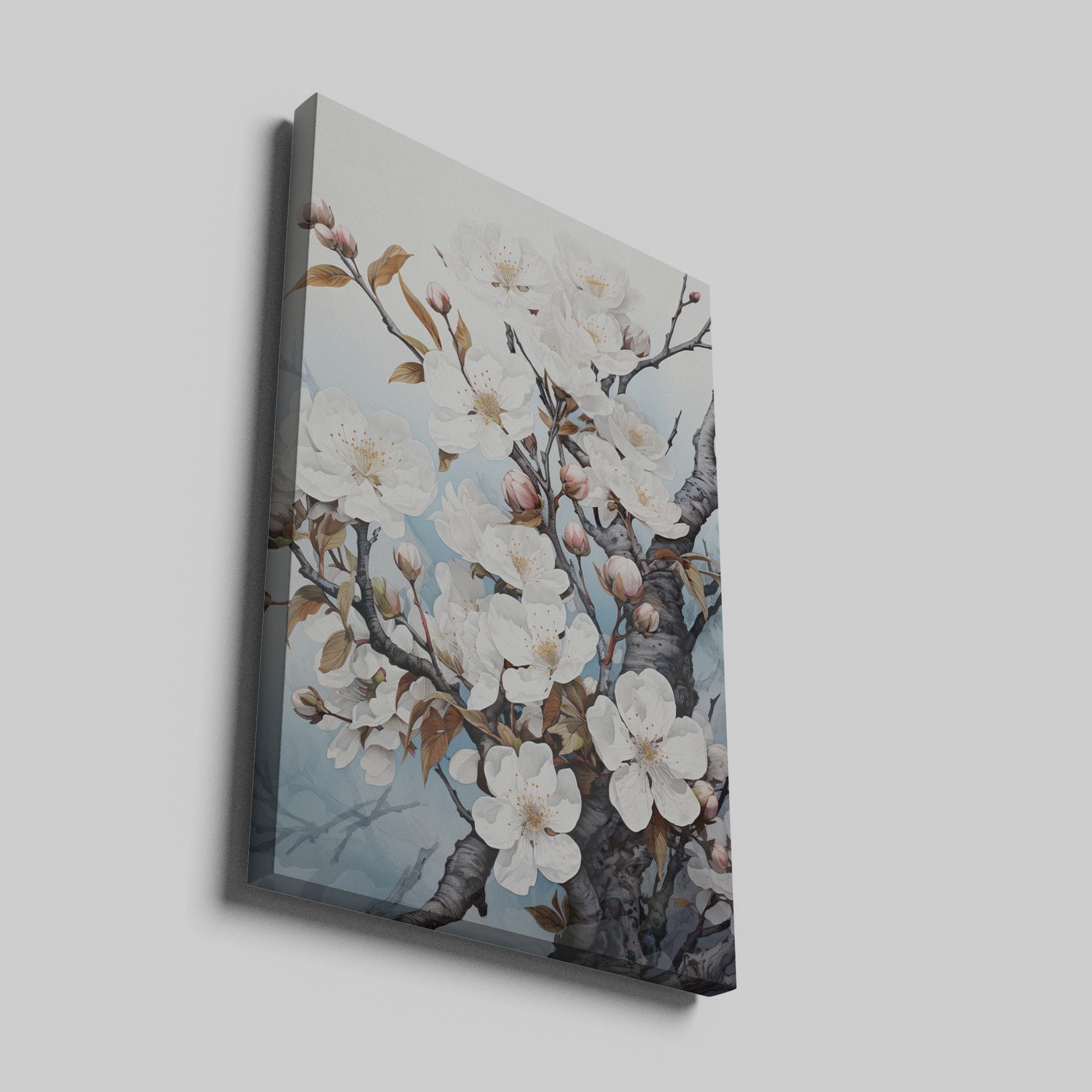 Framed canvas print of a meticulously illustrated cherry blossom branch with white flowers on a pale blue background.