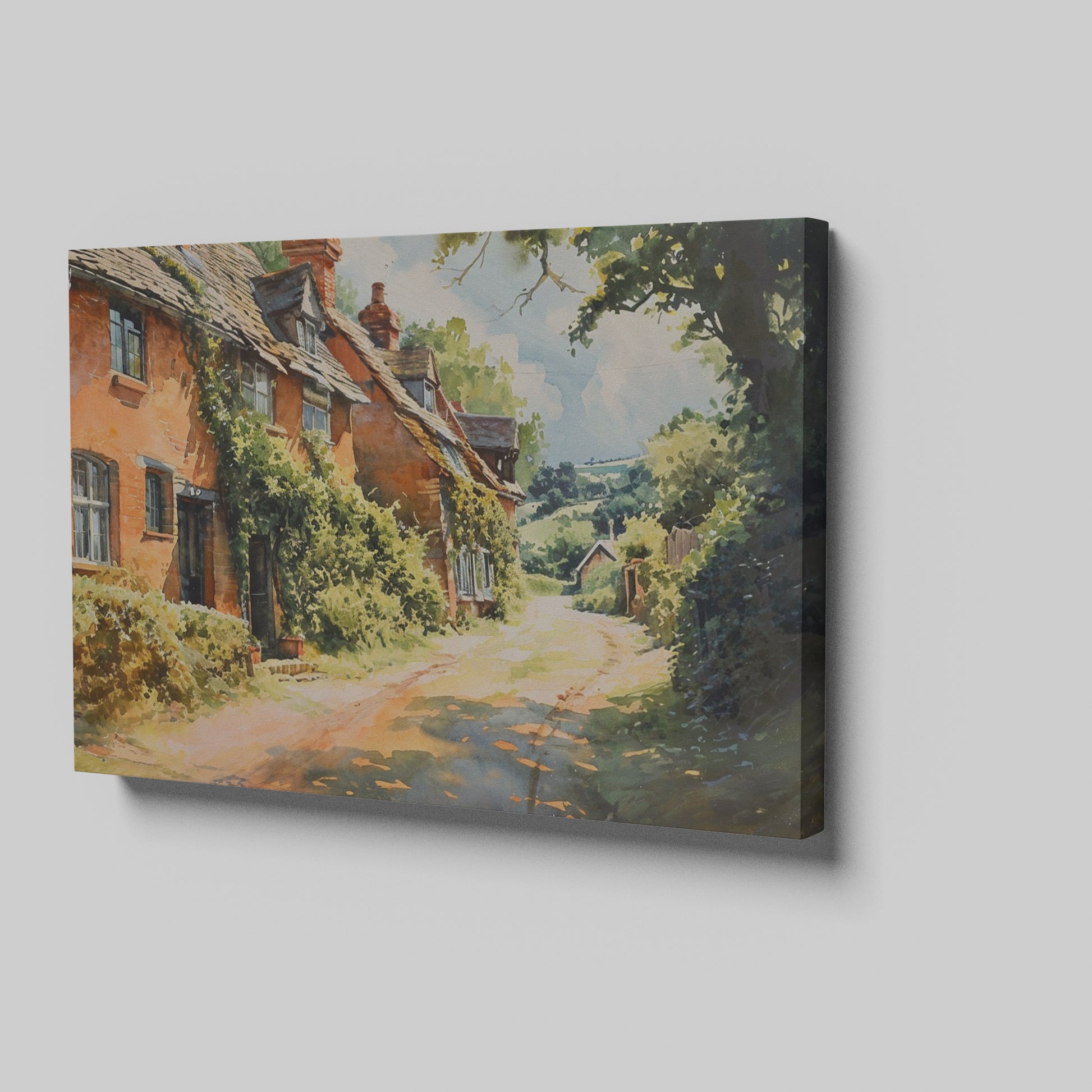 Framed canvas print of English cottage and countryside watercolour scene with lush greenery