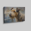 Framed canvas print of an impressionistic painting depicting a detailed and textured dog portrait with warm tones