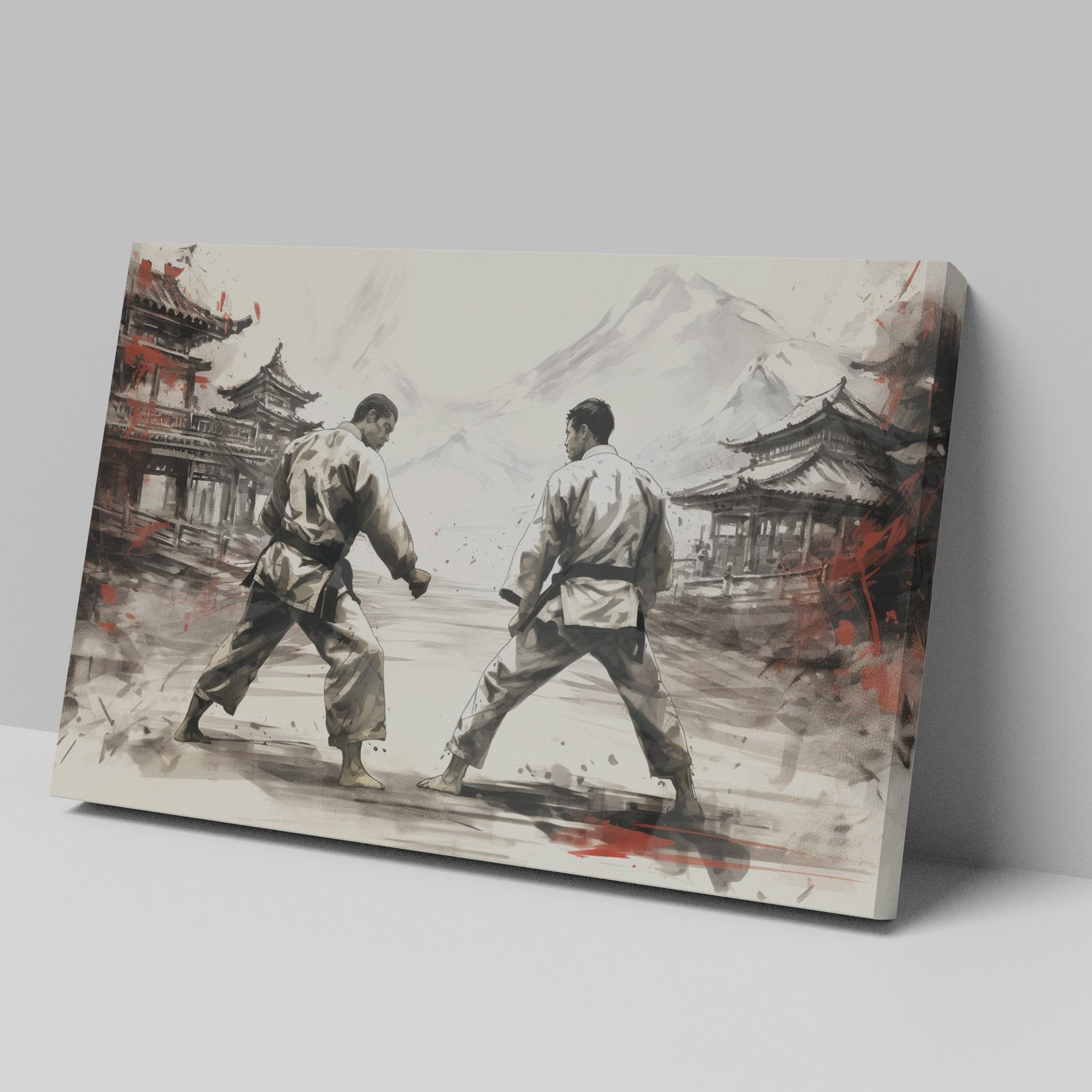 Framed canvas print depicting two karate practitioners in a traditional dojo with red accents