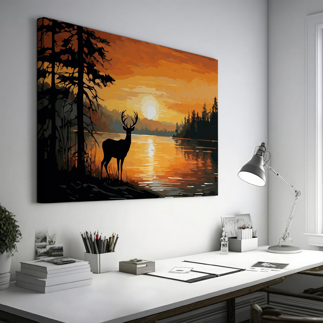 Digital artwork of a deer silhouette at sunset with orange and black hues reflecting on a lake