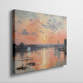 Framed canvas print of impressionist river landscape at sunset with vibrant orange and blue hues