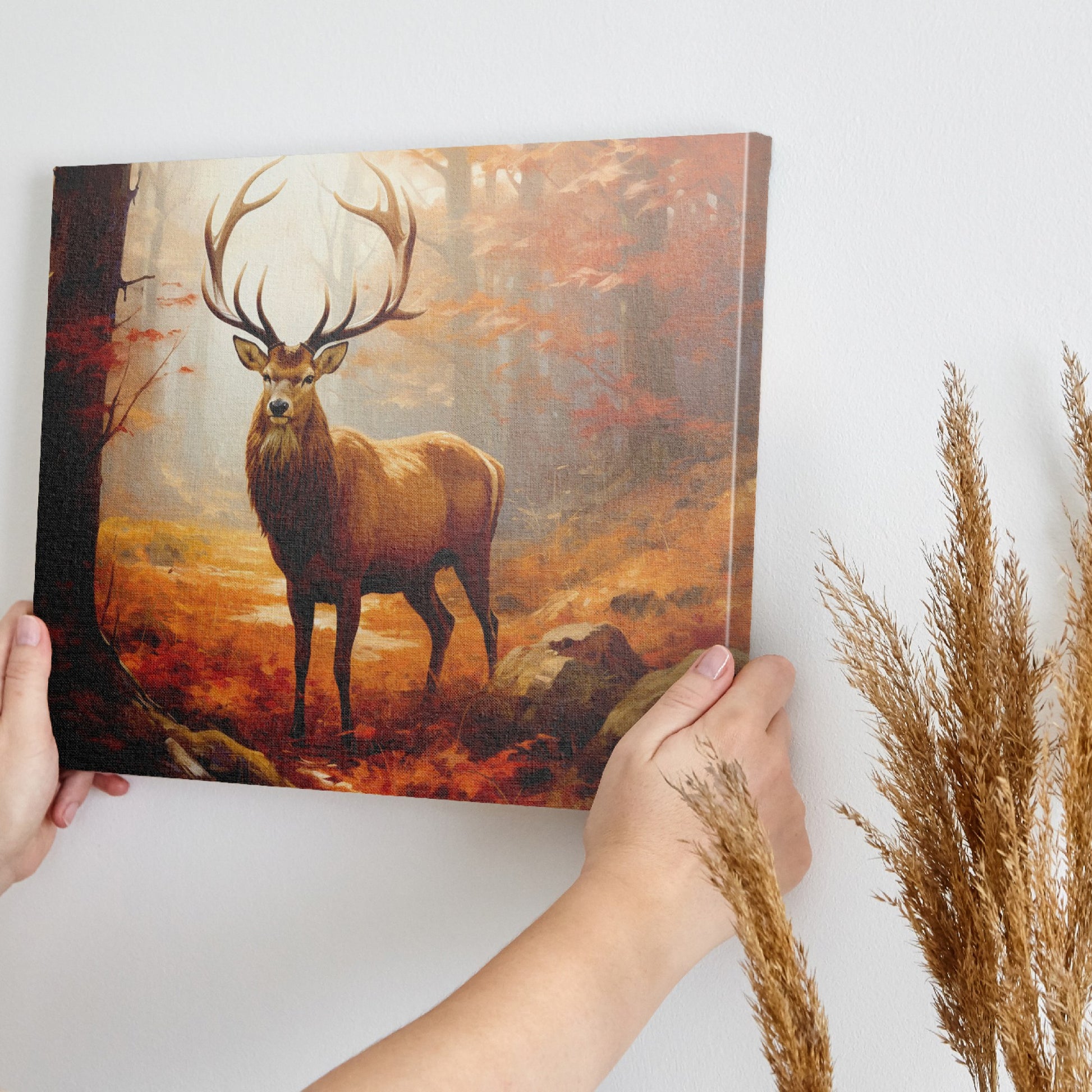 Framed canvas print of a majestic stag in an autumn forest with golden light