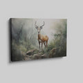 Framed canvas print of a majestic stag in a misty, ethereal forest with earthy tones