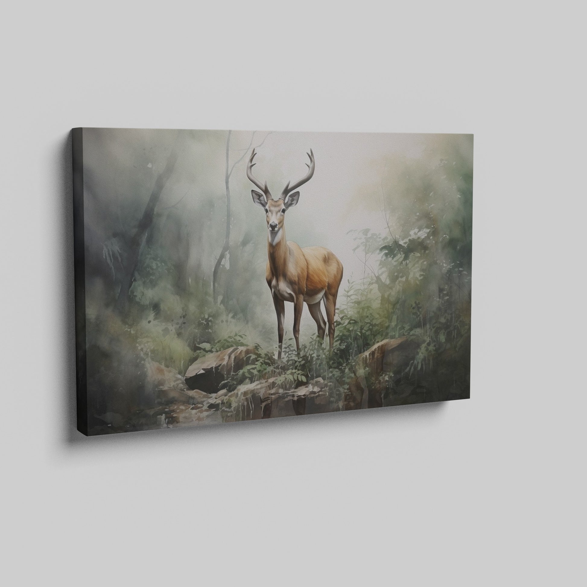 Framed canvas print of a majestic stag in a misty, ethereal forest with earthy tones