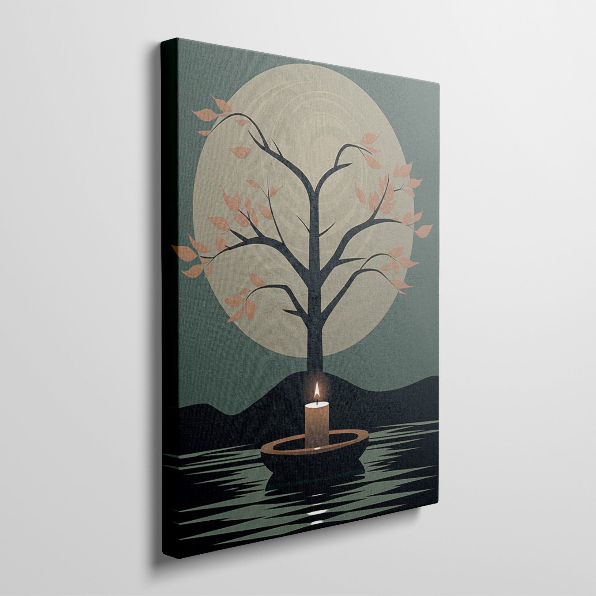 Framed canvas print of a tranquil tree with autumn leaves and glowing candle on a calm lake under a full moon