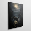 Framed canvas print of a serene moonlit scene with a person canoeing on a calm lake surrounded by forest