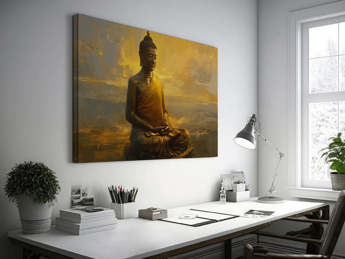 Framed canvas print of a golden Buddha in meditation with a serene, warm background