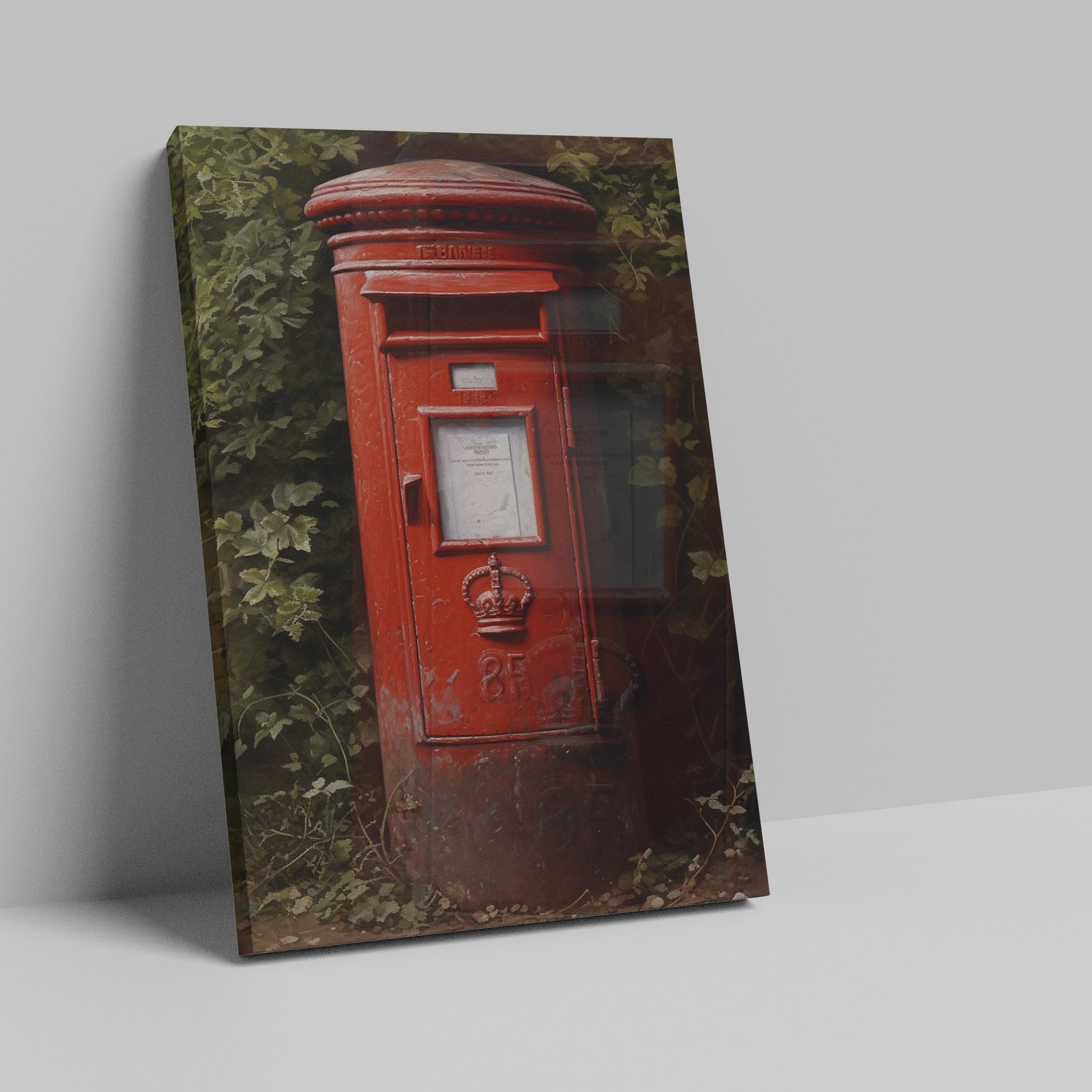 Framed canvas print of a classic British red postbox surrounded by greenery