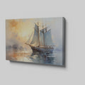 Framed canvas print of an impressionist painting featuring a sailboat against a sunset sea with warm orange and cool blue hues