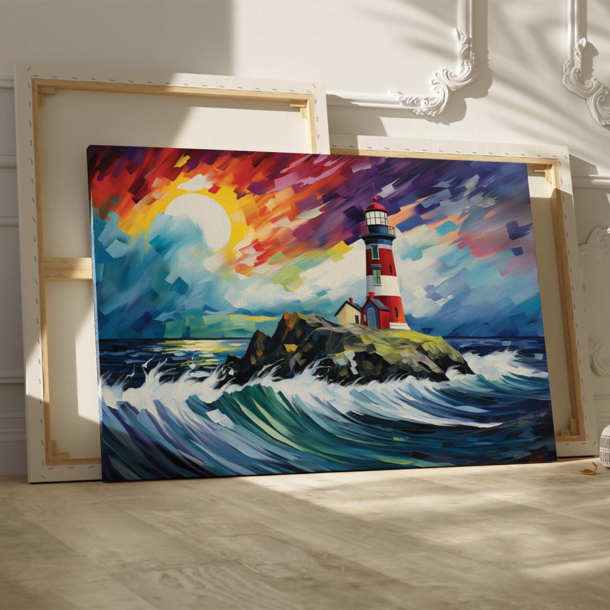 Abstract painting of a lighthouse with colorful brush strokes representing waves and sunset