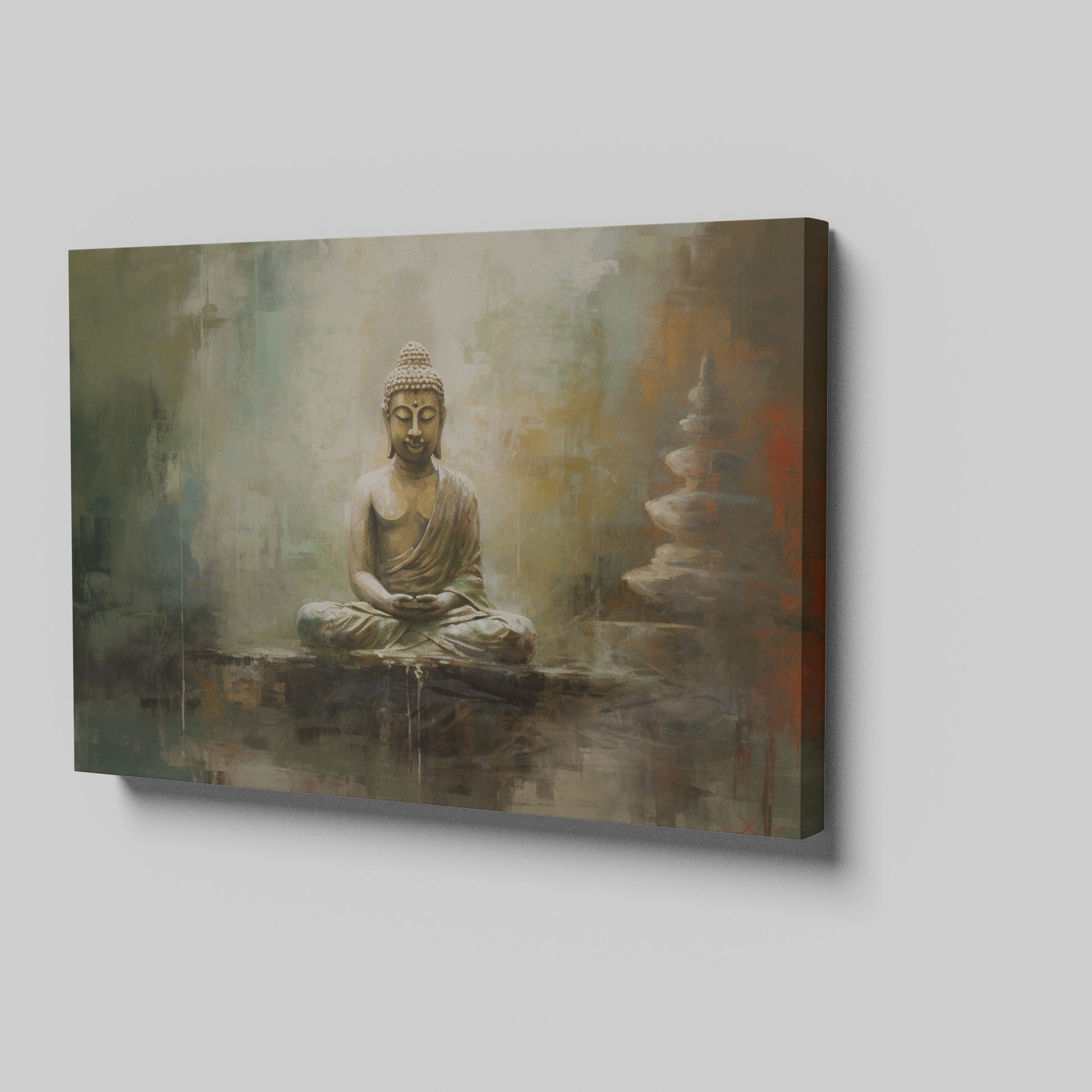 Framed canvas print of a serene Buddha with a gentle colour palette and textured finish