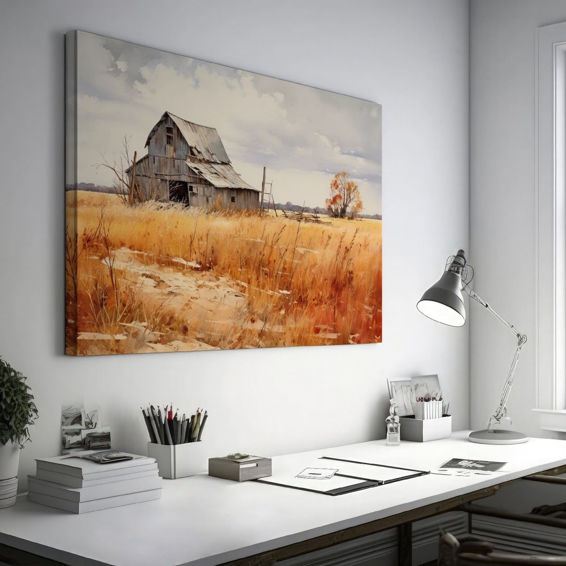 Framed canvas print of an old barn in a golden autumn rural landscape