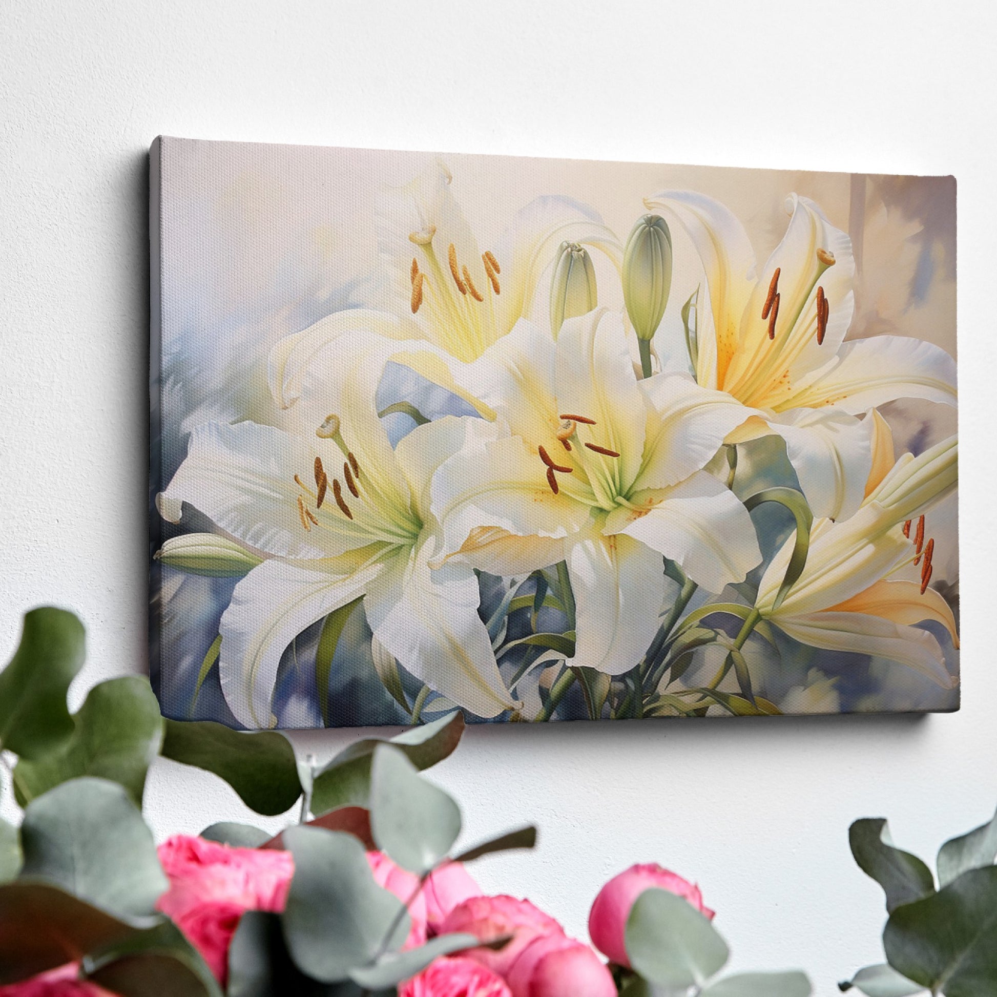 Framed canvas print of realistic white lily flowers with vibrant green foliage on a subtle background