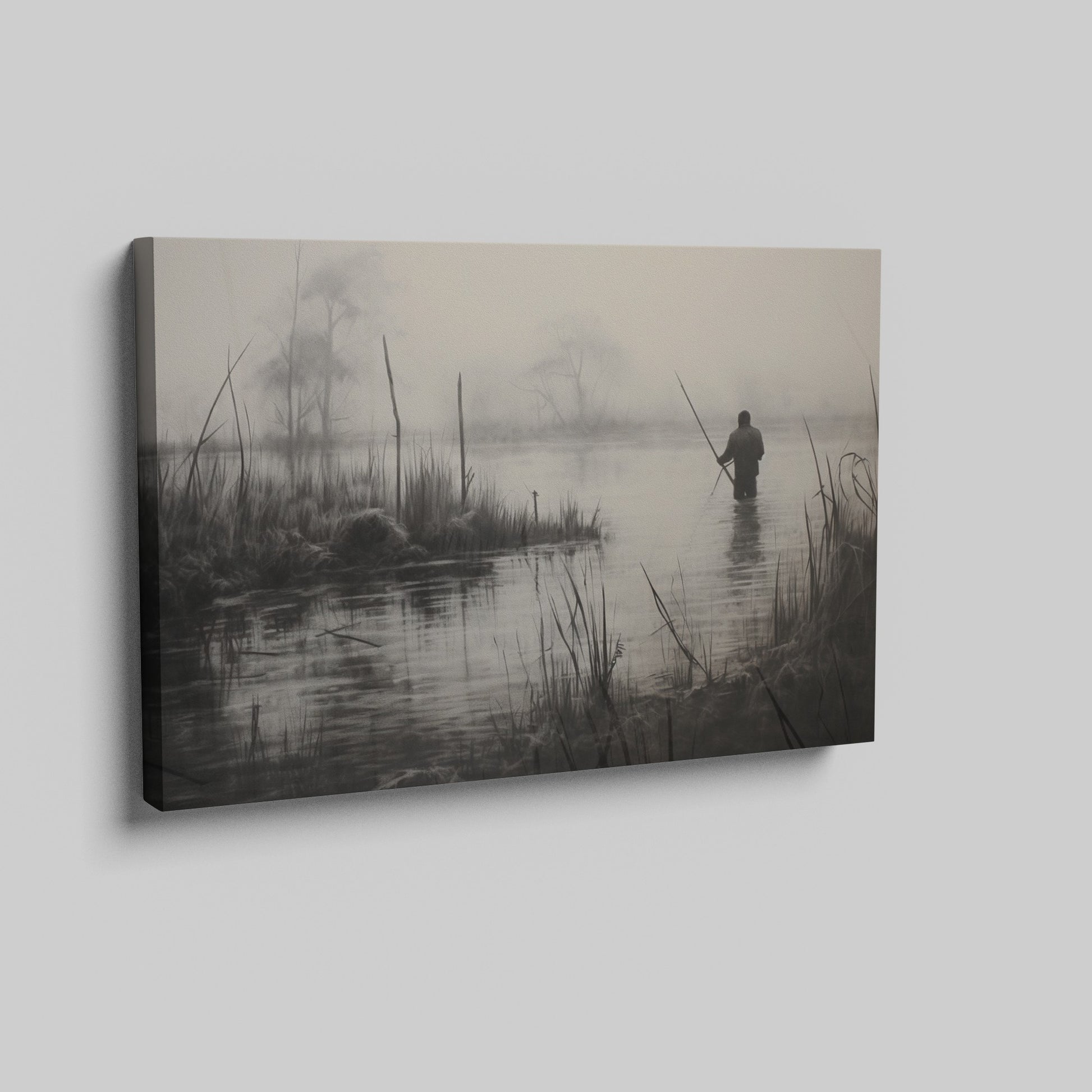 Framed canvas print of a fisherman in a foggy, monochrome lake landscape