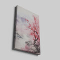 Framed canvas print of a misty cherry blossom landscape with pink florals and soft mountain backdrop