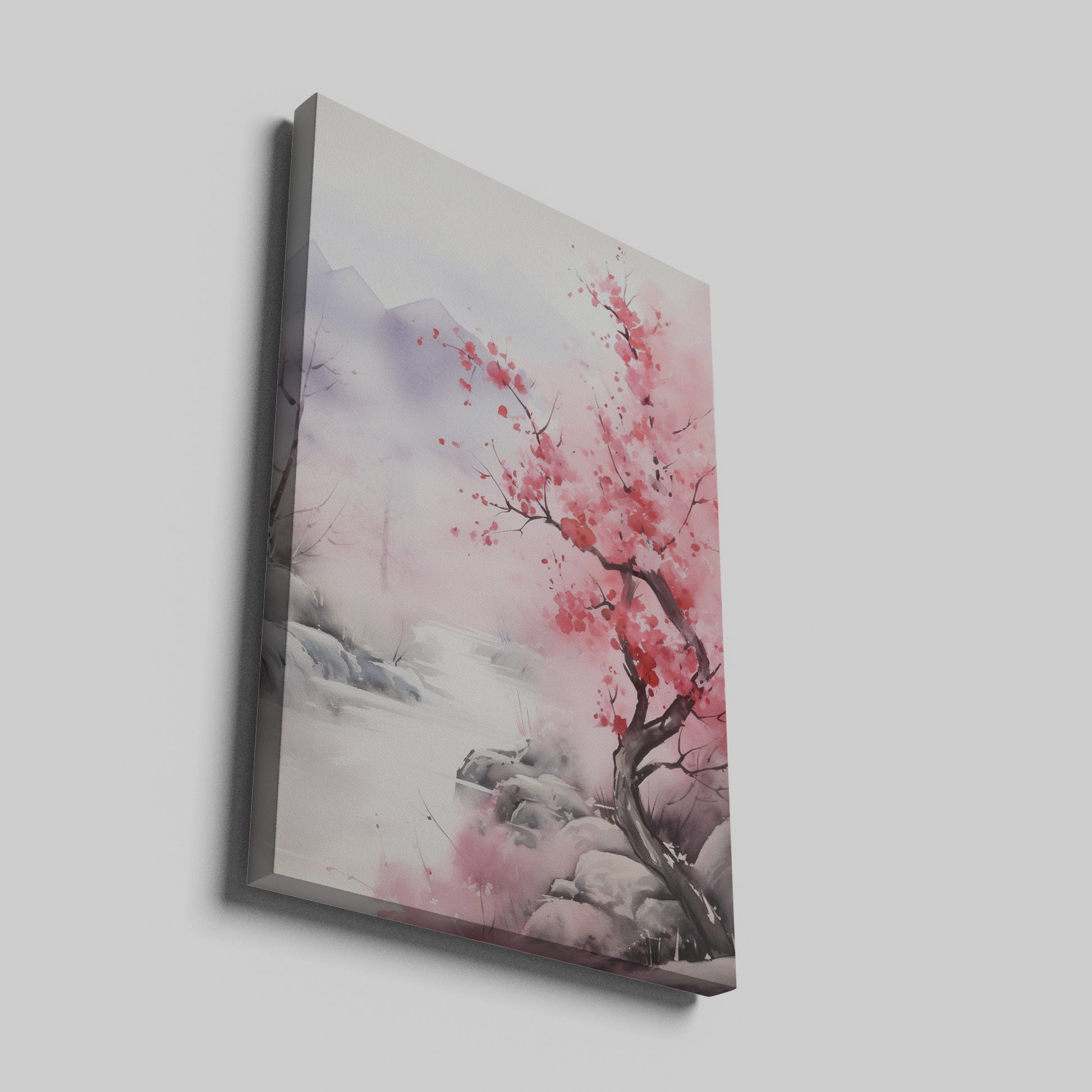 Framed canvas print of a misty cherry blossom landscape with pink florals and soft mountain backdrop