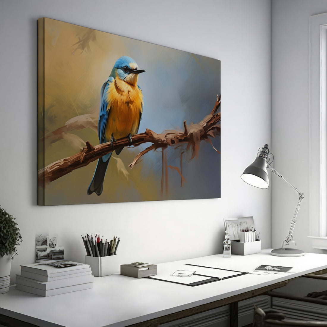 Framed canvas print of a realistic bluebird perched on a branch with vibrant blue and yellow colours