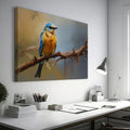 Framed canvas print of a realistic bluebird perched on a branch with vibrant blue and yellow colours