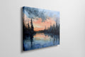 Framed canvas print of a tranquil watercolor landscape depicting a serene lakeside at sunset with reflections of woodland