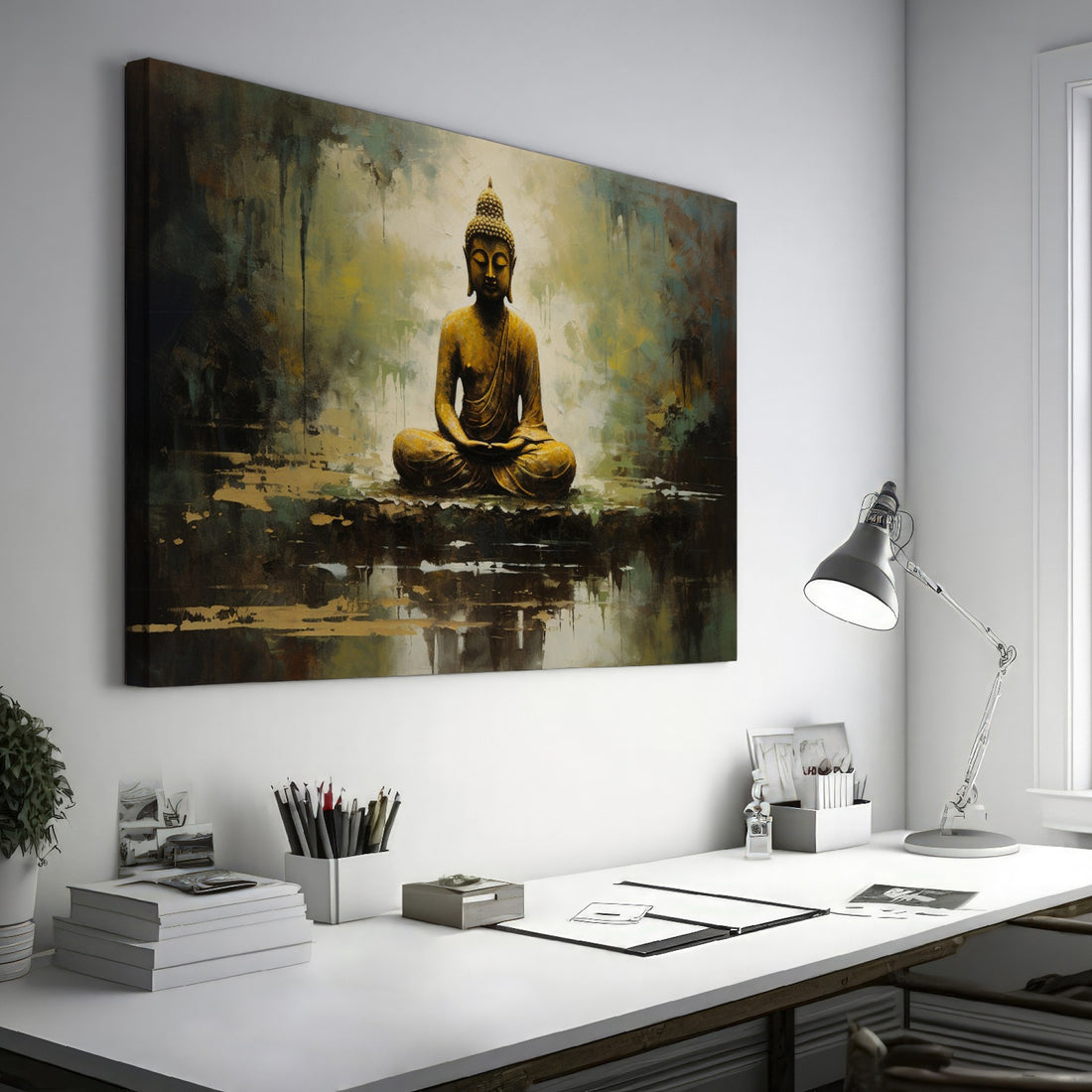 Framed canvas print of a serene and textured Golden Buddha on an abstract background