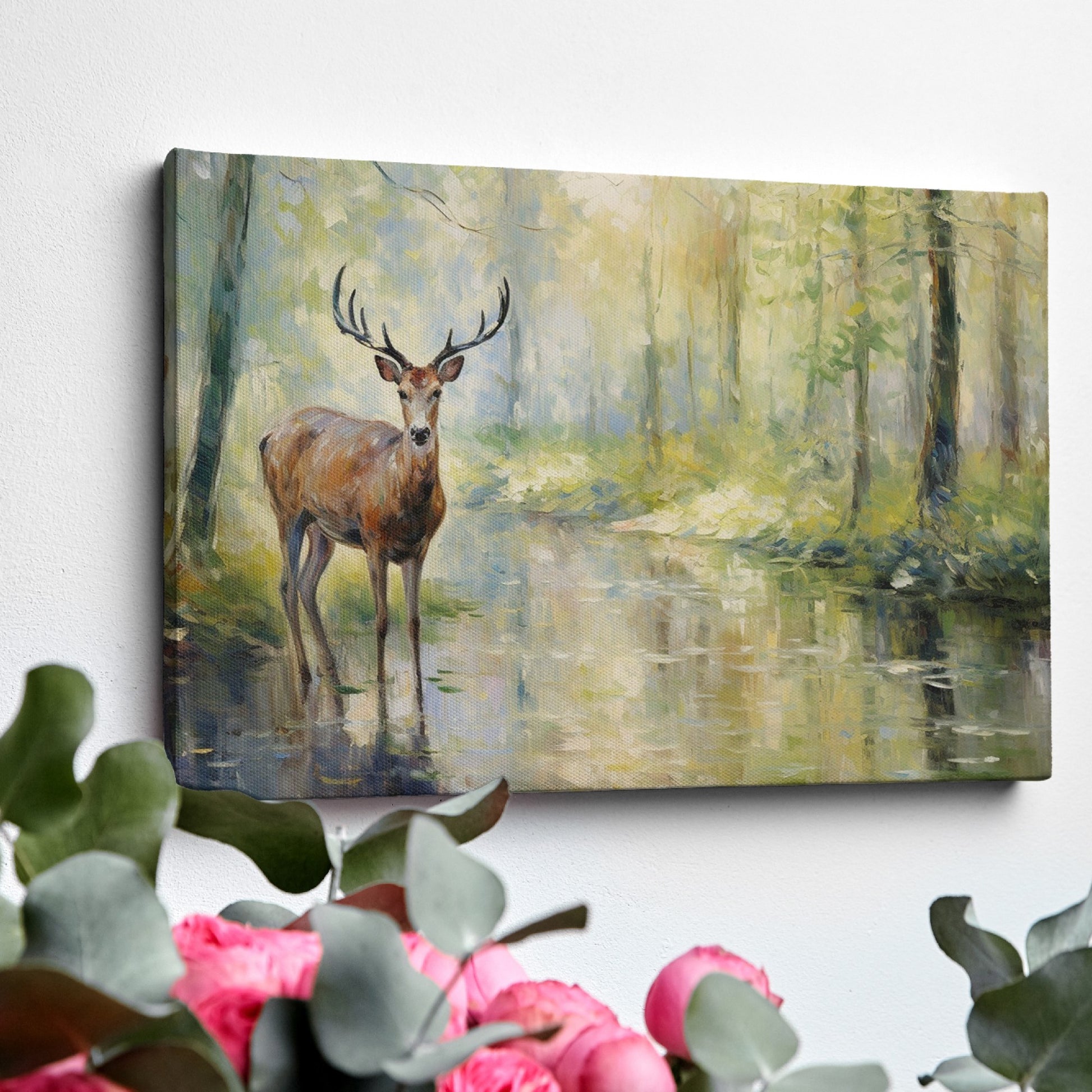 Framed canvas print of a deer standing beside a forest stream in impressionist style