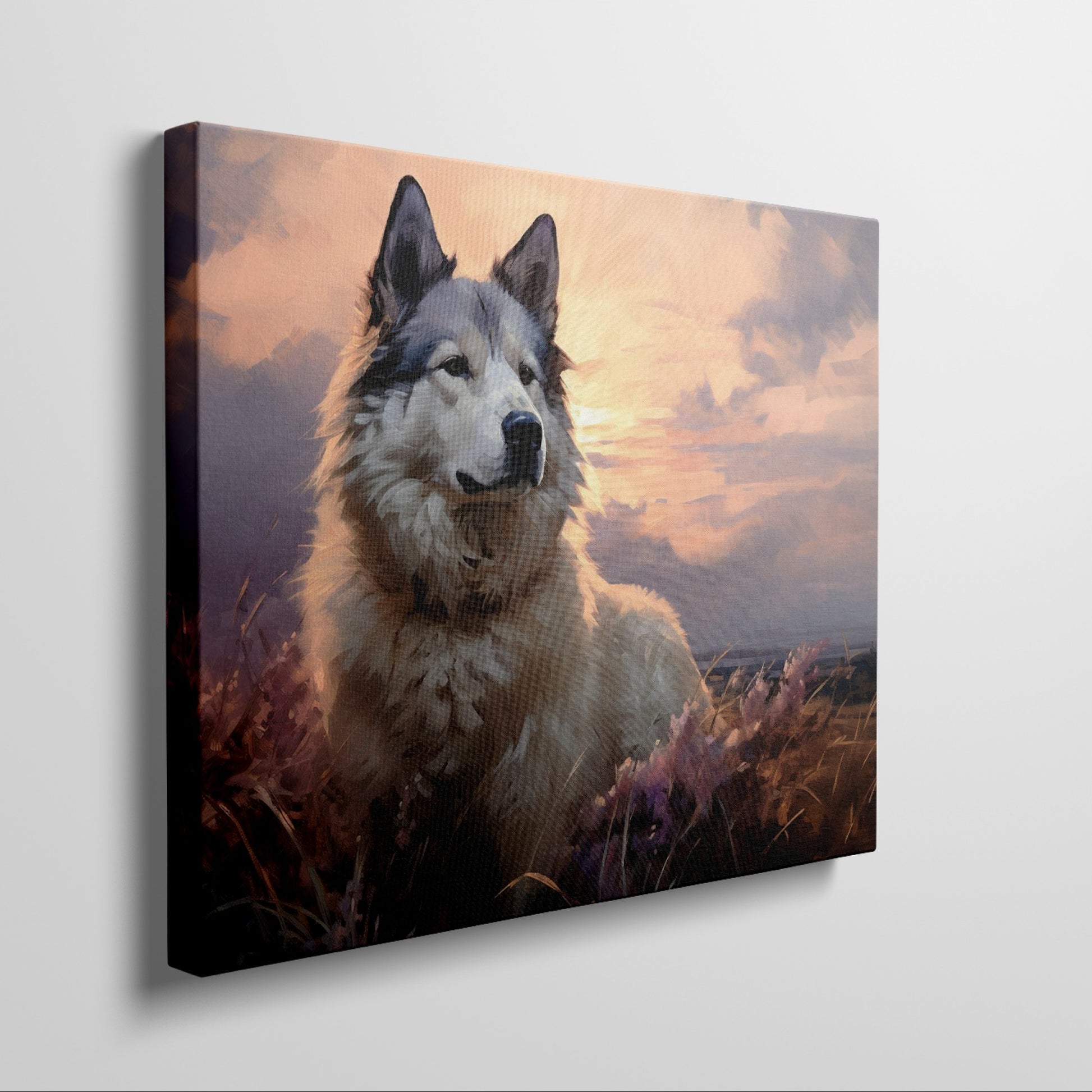 Framed canvas print of a serene dog portrait at sunset with warm amber and lavender tones