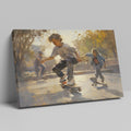 Framed canvas print capturing the movement and energy of young skateboarders at a sunlit urban skatepark