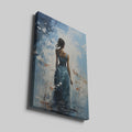 Framed canvas print of an abstract painting depicting a woman in a blue dress with a tranquil, flowy design against a blue and white background