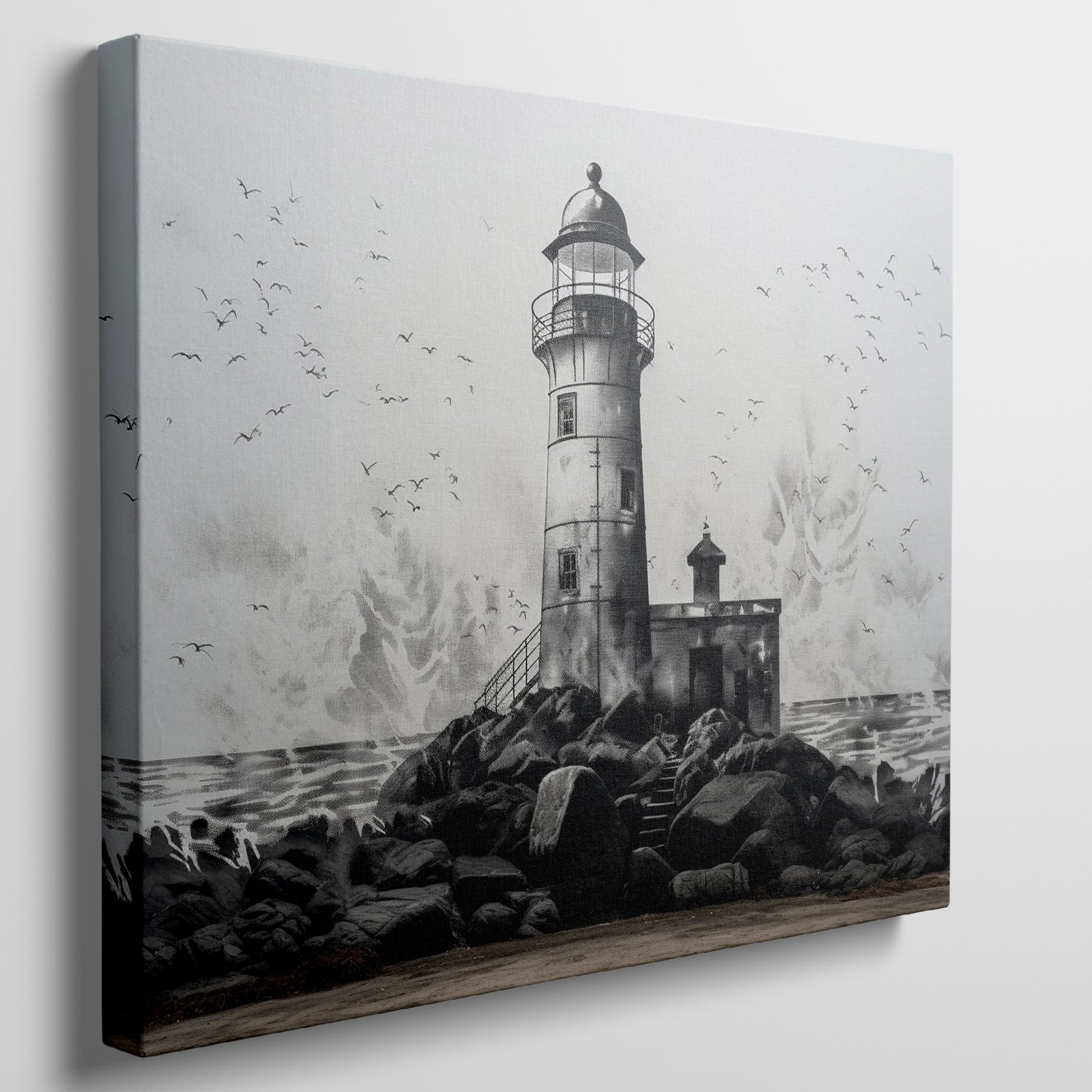 Framed canvas print of a monochrome lighthouse and seagulls on a rocky coastline