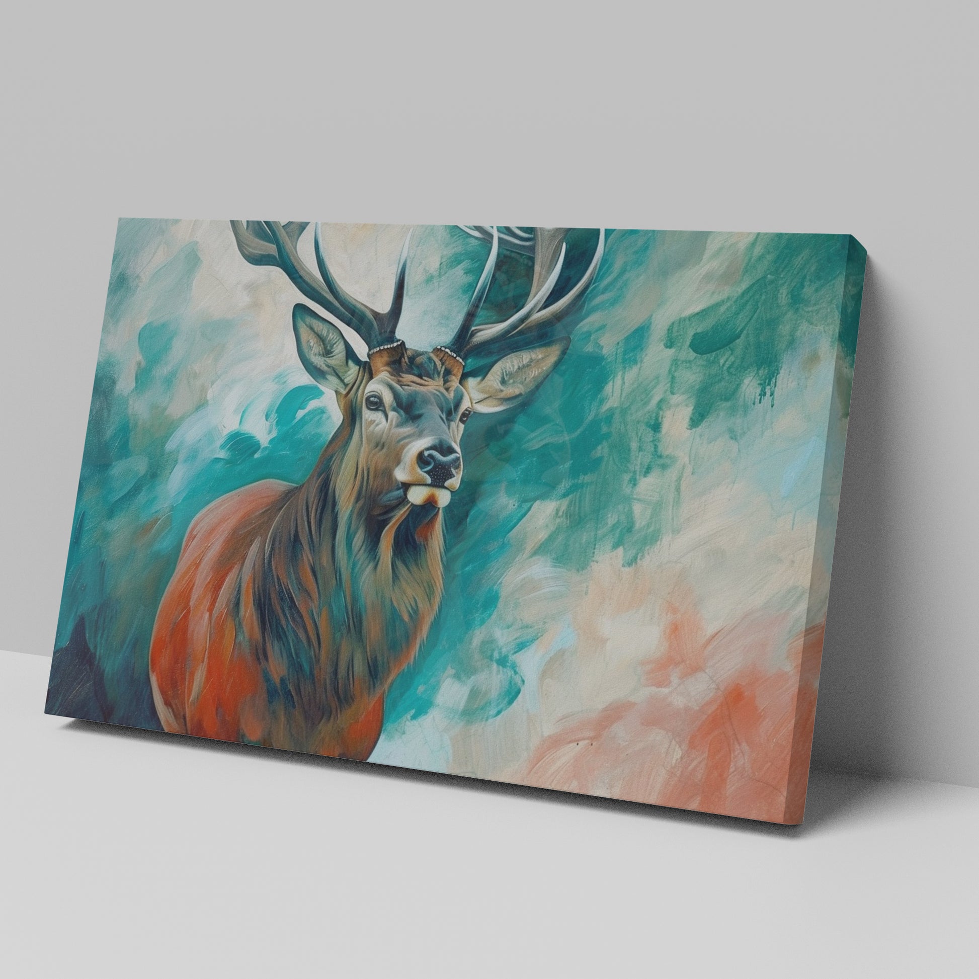 Framed canvas print of a majestic stag with vibrant turquoise and earthy orange tones