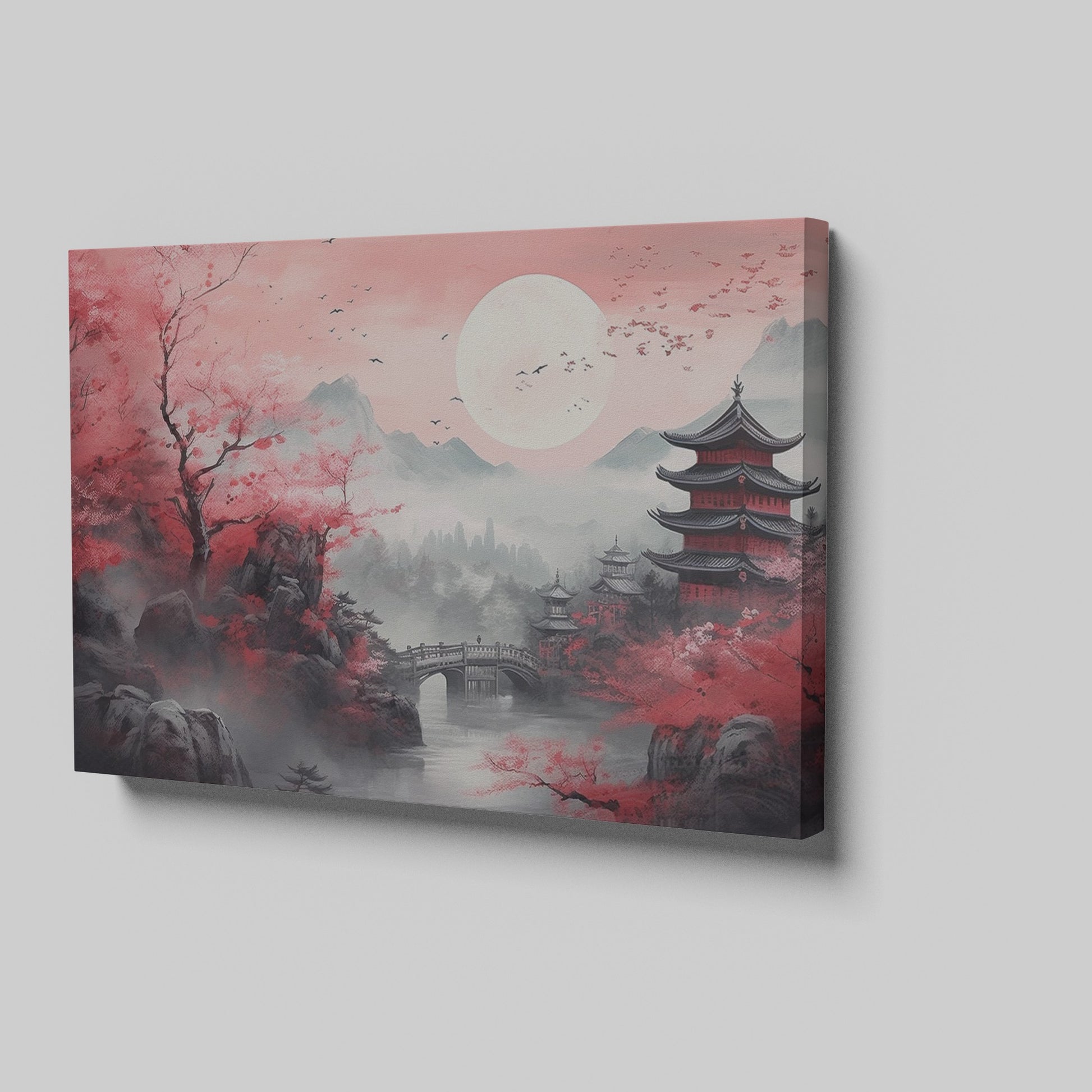 Framed canvas print of Oriental landscape with cherry blossoms and pagodas under a full moon