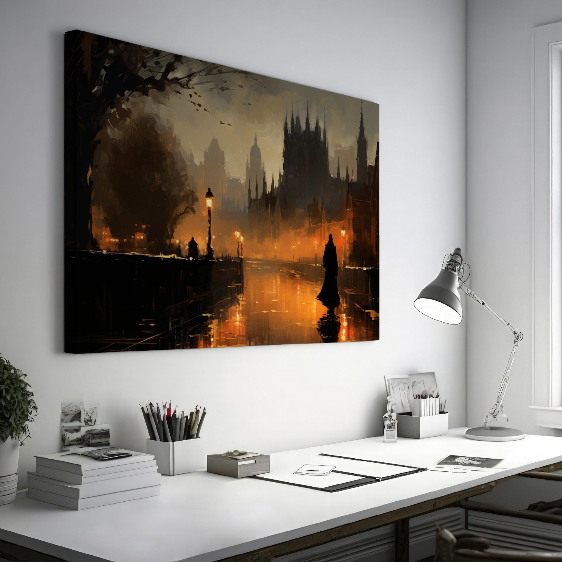 Framed canvas print of a gothic cityscape at twilight with warm glows and a shadowy figure