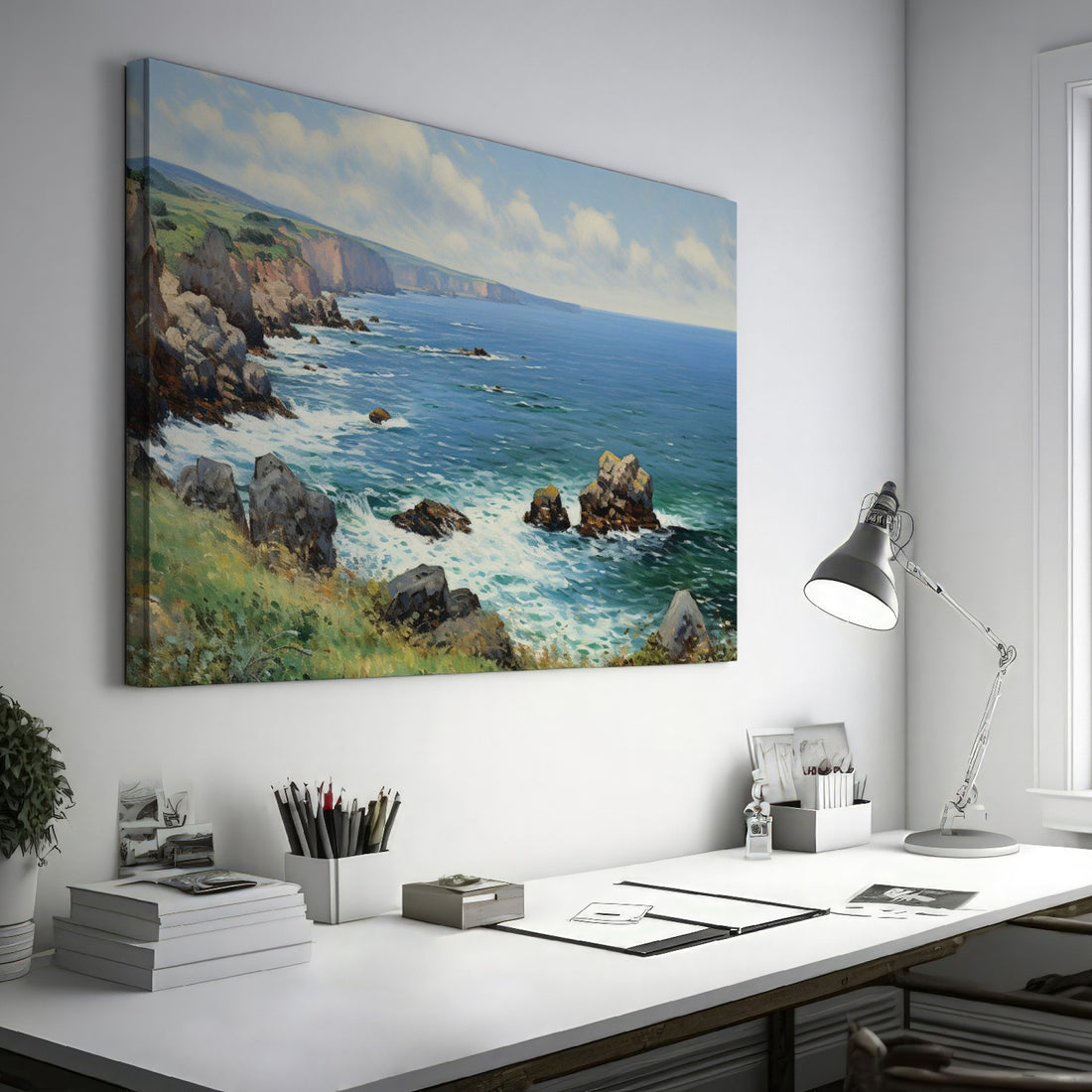 Framed canvas print of a stunning coastal cliff landscape with blue ocean and sunny skies