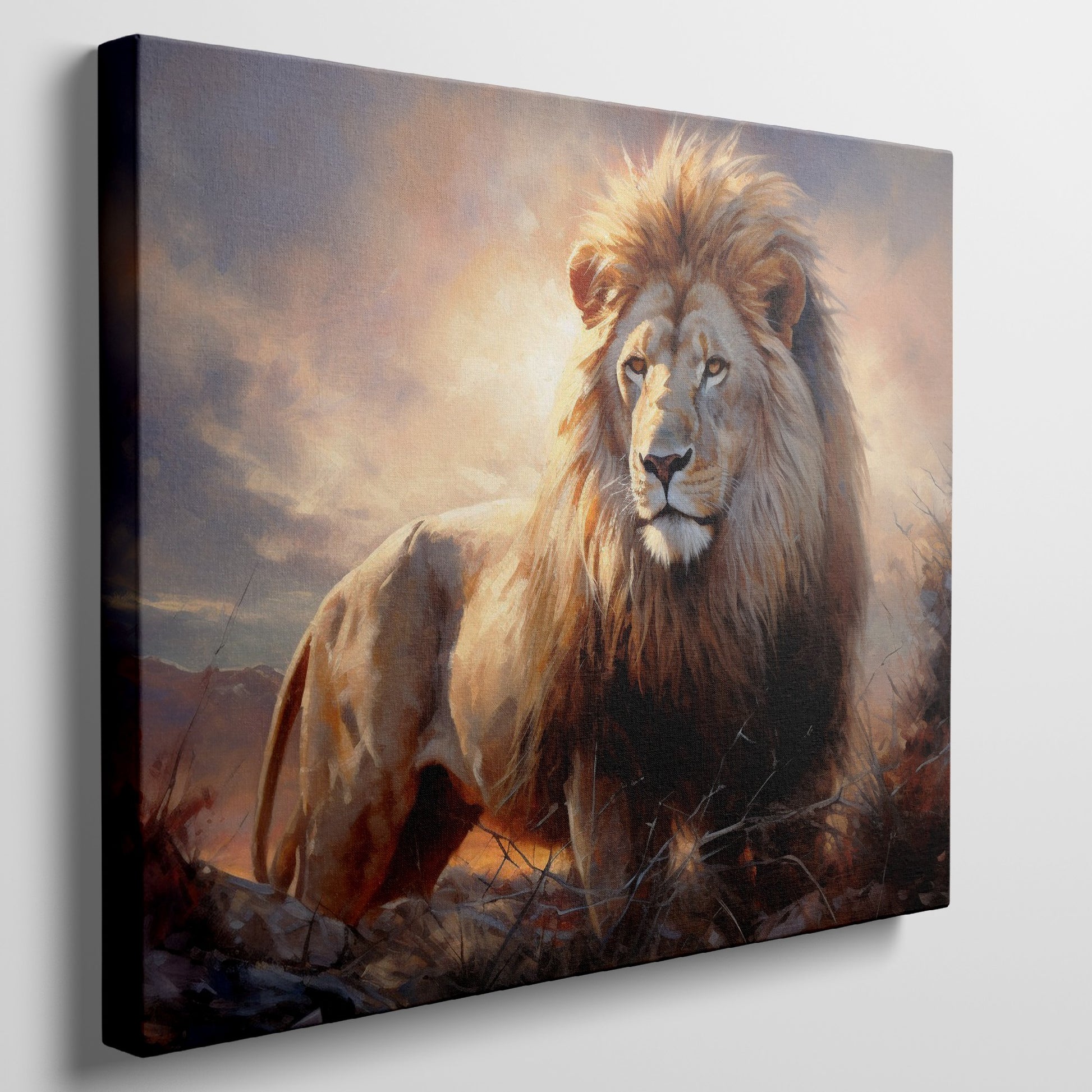 Framed canvas print of a majestic lion against a fiery sunset background