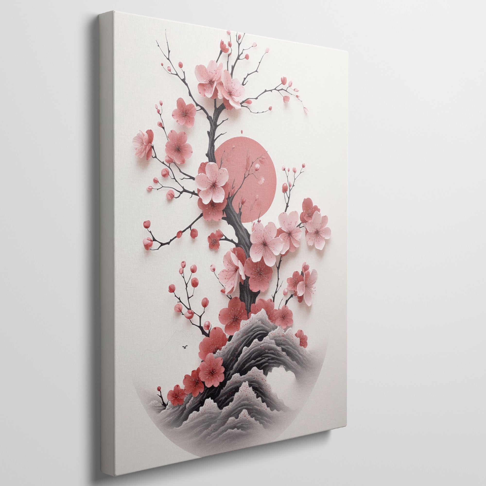 Framed canvas print of sakura blossoms and Mount Fuji in pastel shades