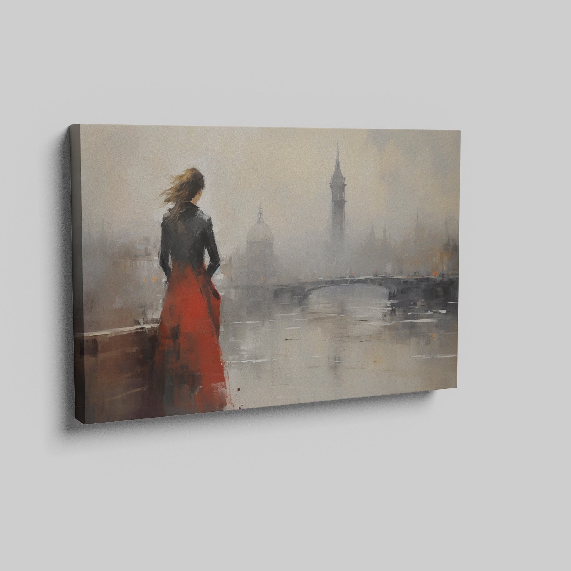 Framed canvas print of an elegant woman overlooking a misty cityscape with a red dress as a focal point