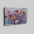 Framed canvas print of vibrant impasto floral artwork in purple, orange, and blue tones