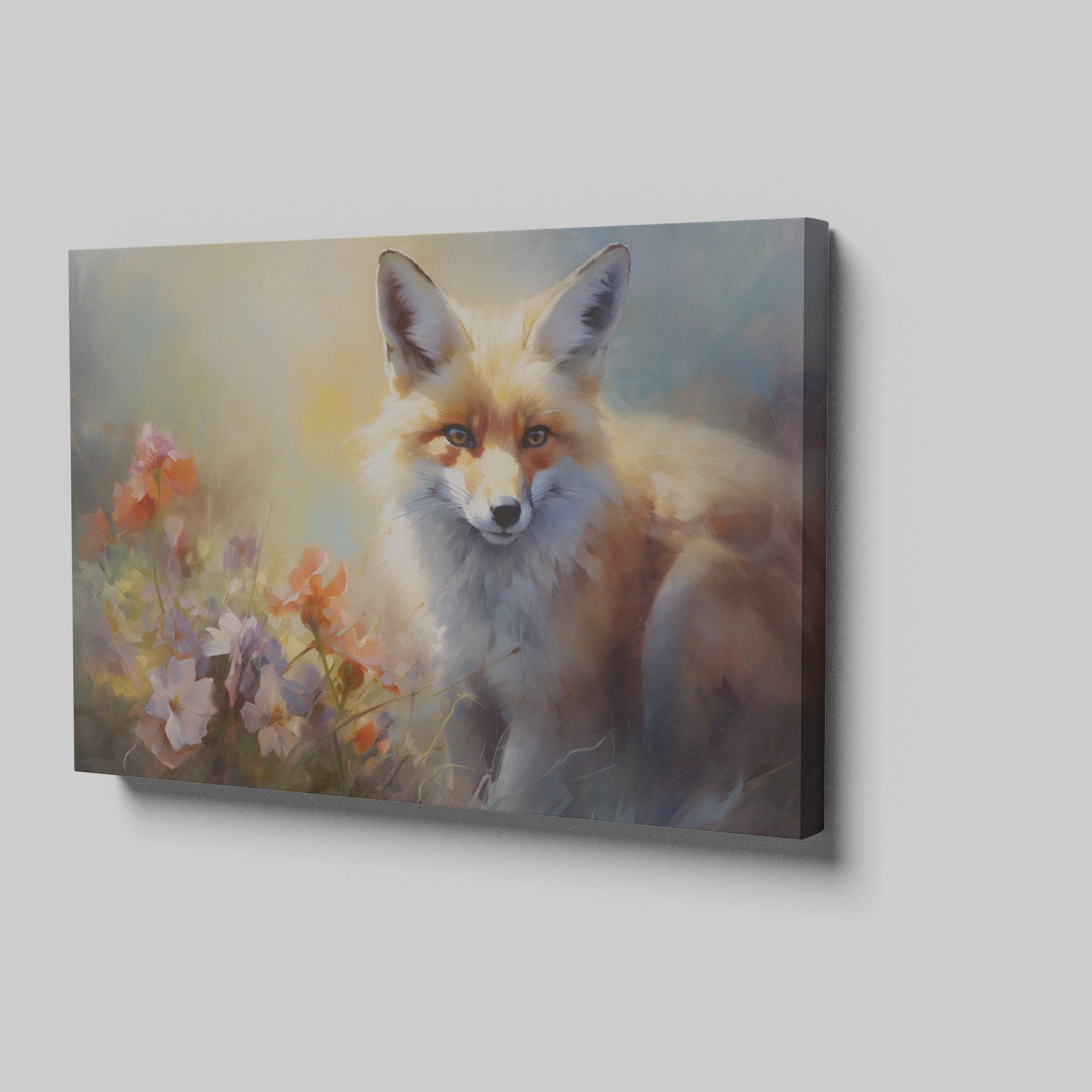 Framed canvas print of a majestic fox among vibrant wildflowers, with warm and impressionistic tones