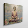 Framed canvas print of a serene Buddha in meditative pose with lotus flowers and reflective water