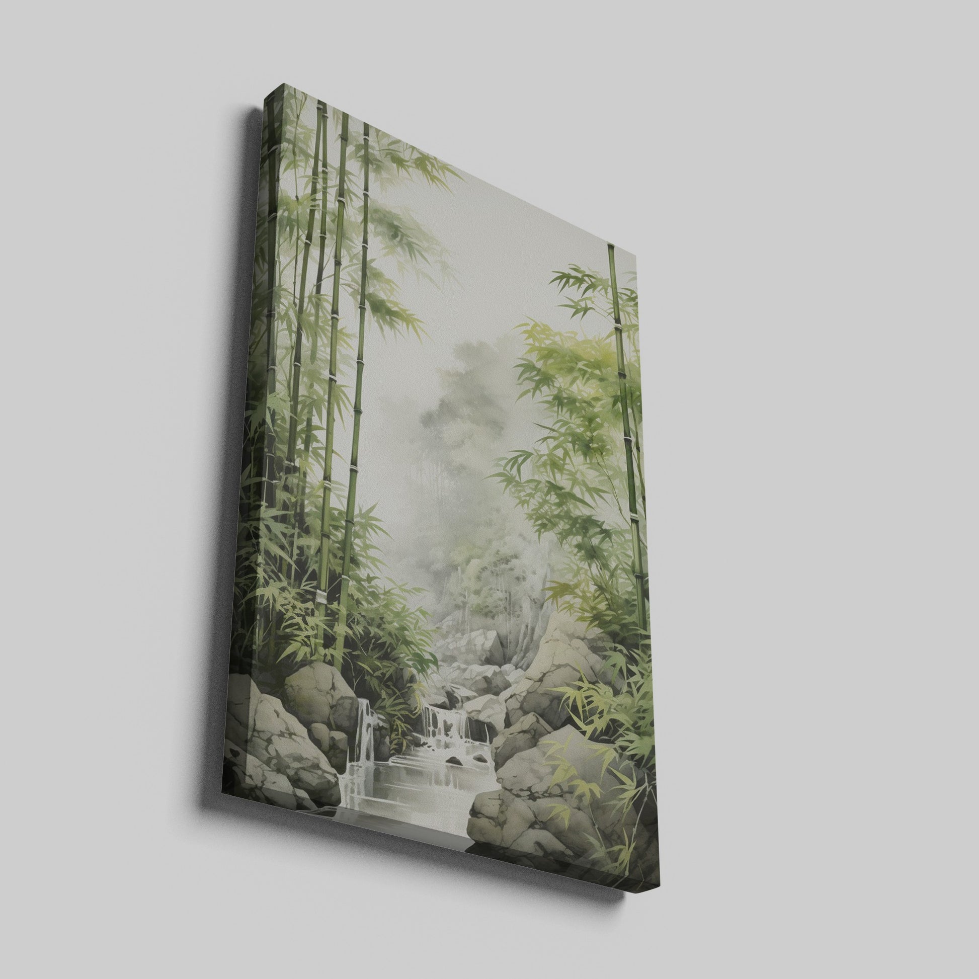 Framed canvas print of a misty bamboo forest with a gentle waterfall and rocks