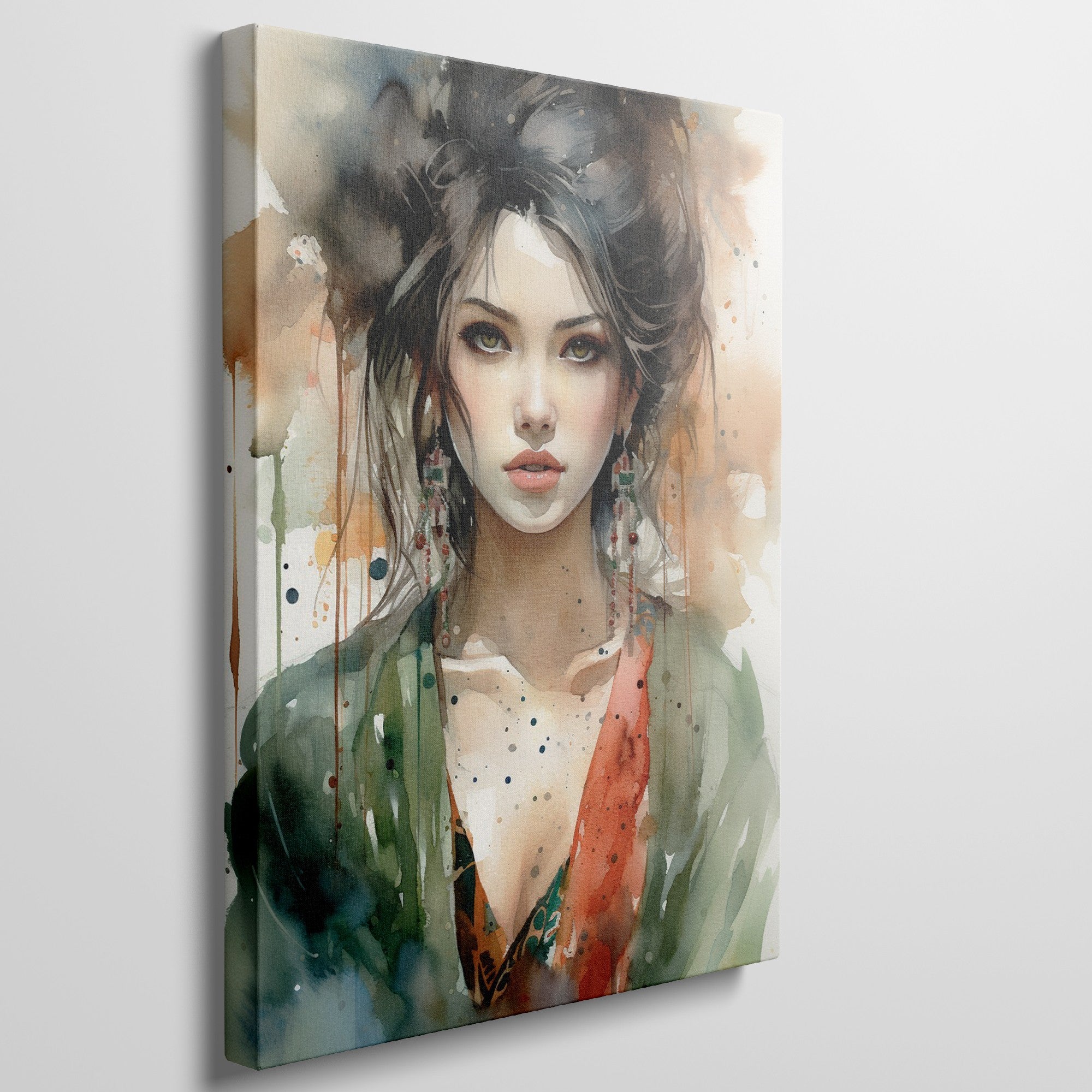 Framed canvas print of a watercolour portrait of a female with abstract elements