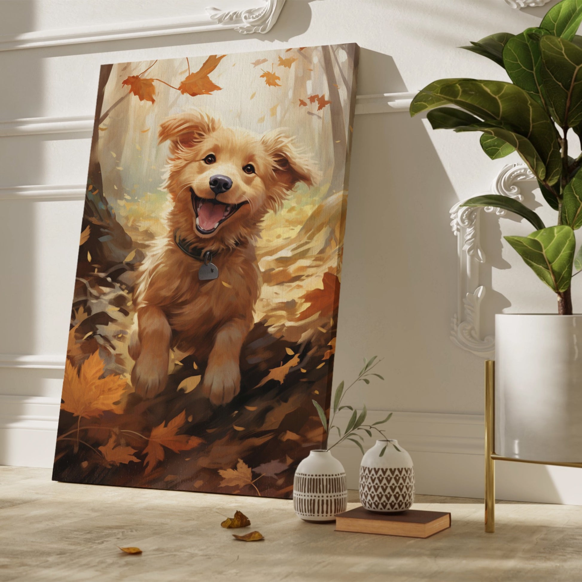 Framed canvas print of a joyful Golden Retriever with autumn leaves in vibrant tones