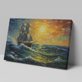 Framed canvas print of an impressionist painting featuring a sailing ship on vibrant sunset seas