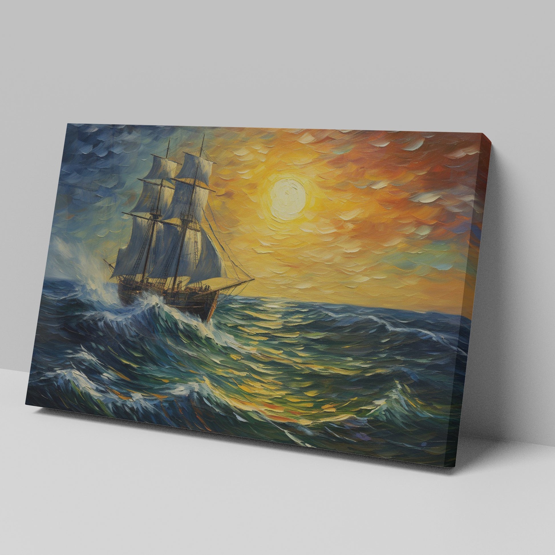 Framed canvas print of an impressionist painting featuring a sailing ship on vibrant sunset seas