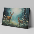 Framed canvas print of two fawns amidst a mystical forest with blooming daisies