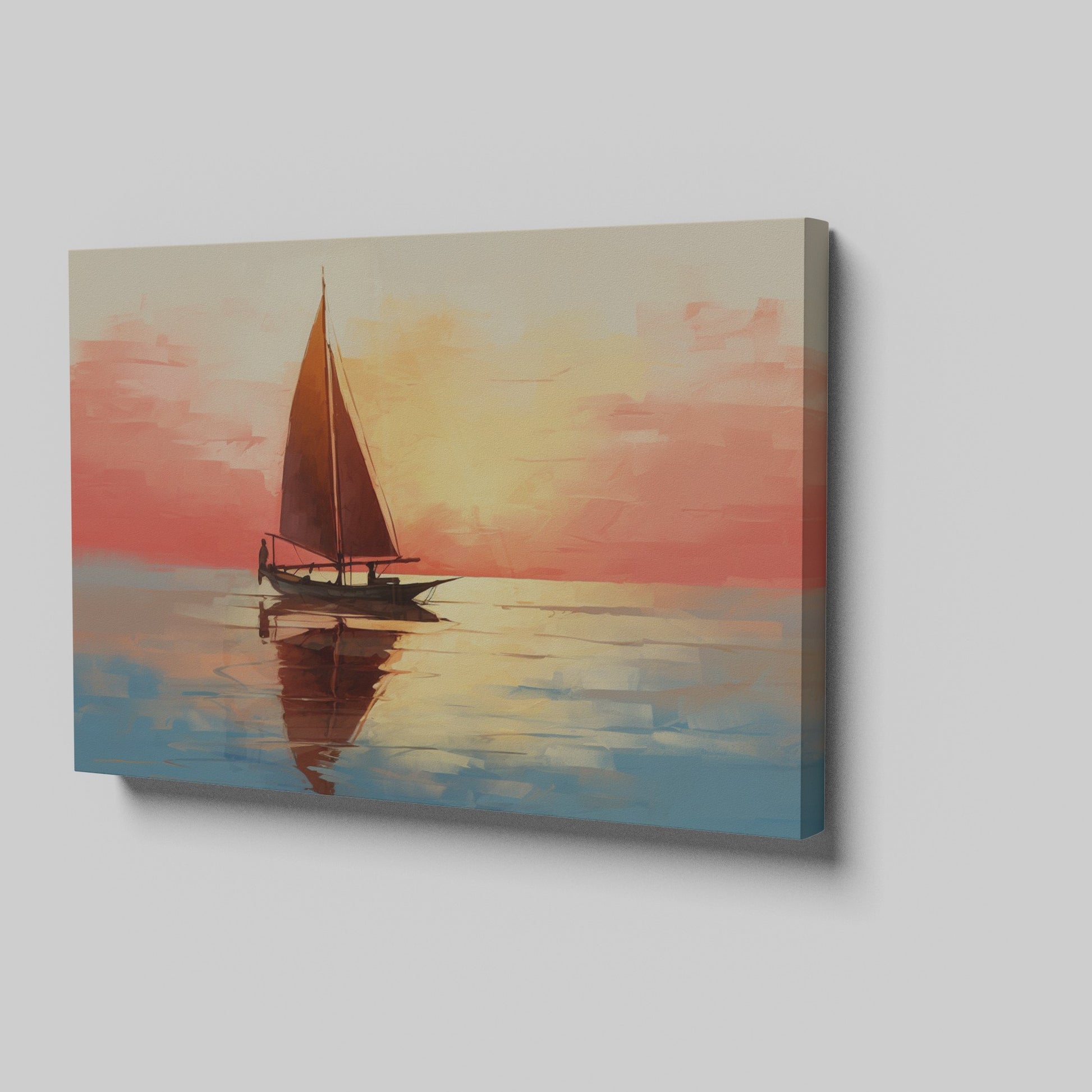 Impressionistic sailboat at sunset with vibrant orange, red, and blue hues reflecting on water