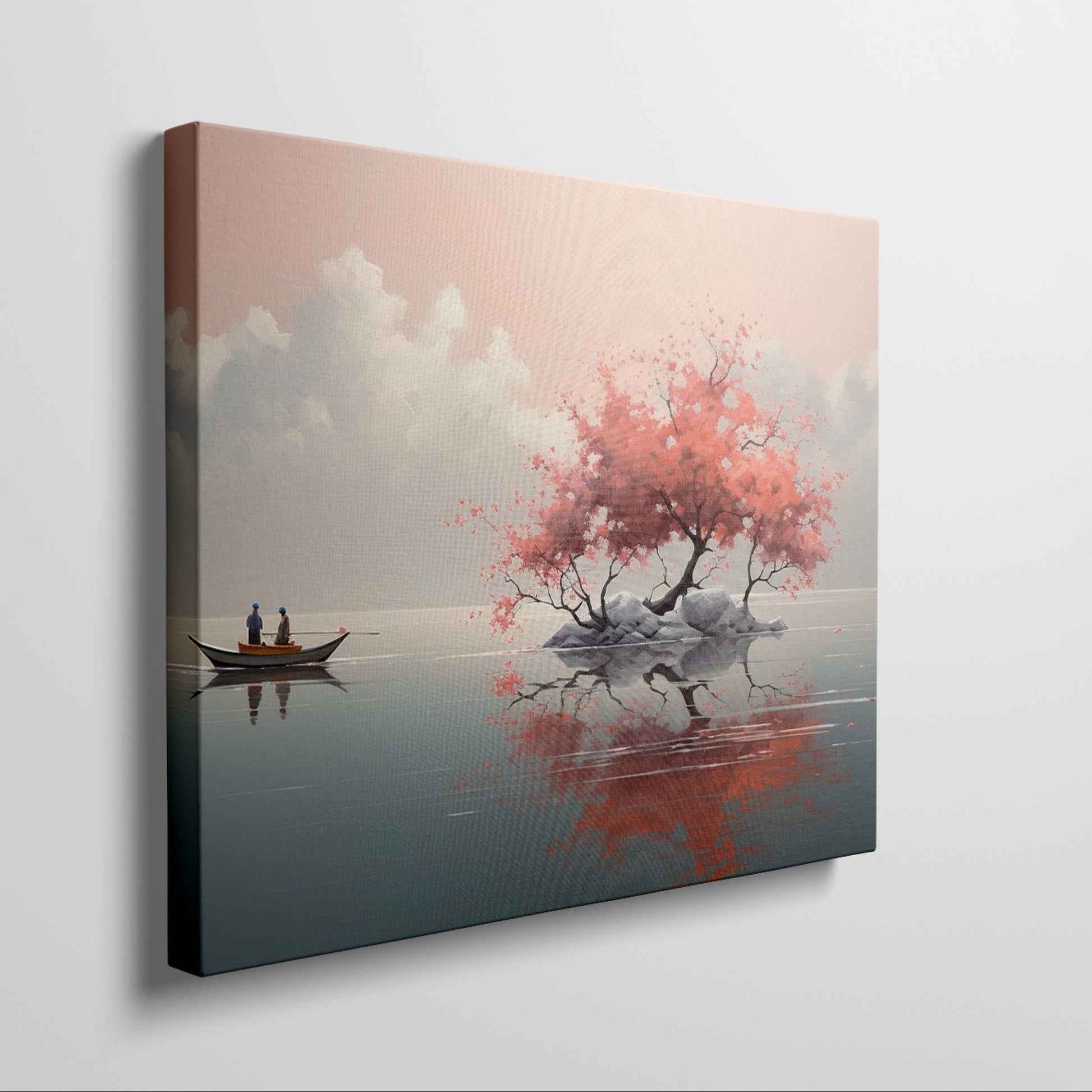 Framed canvas print of a tranquil lake with cherry blossoms and boat