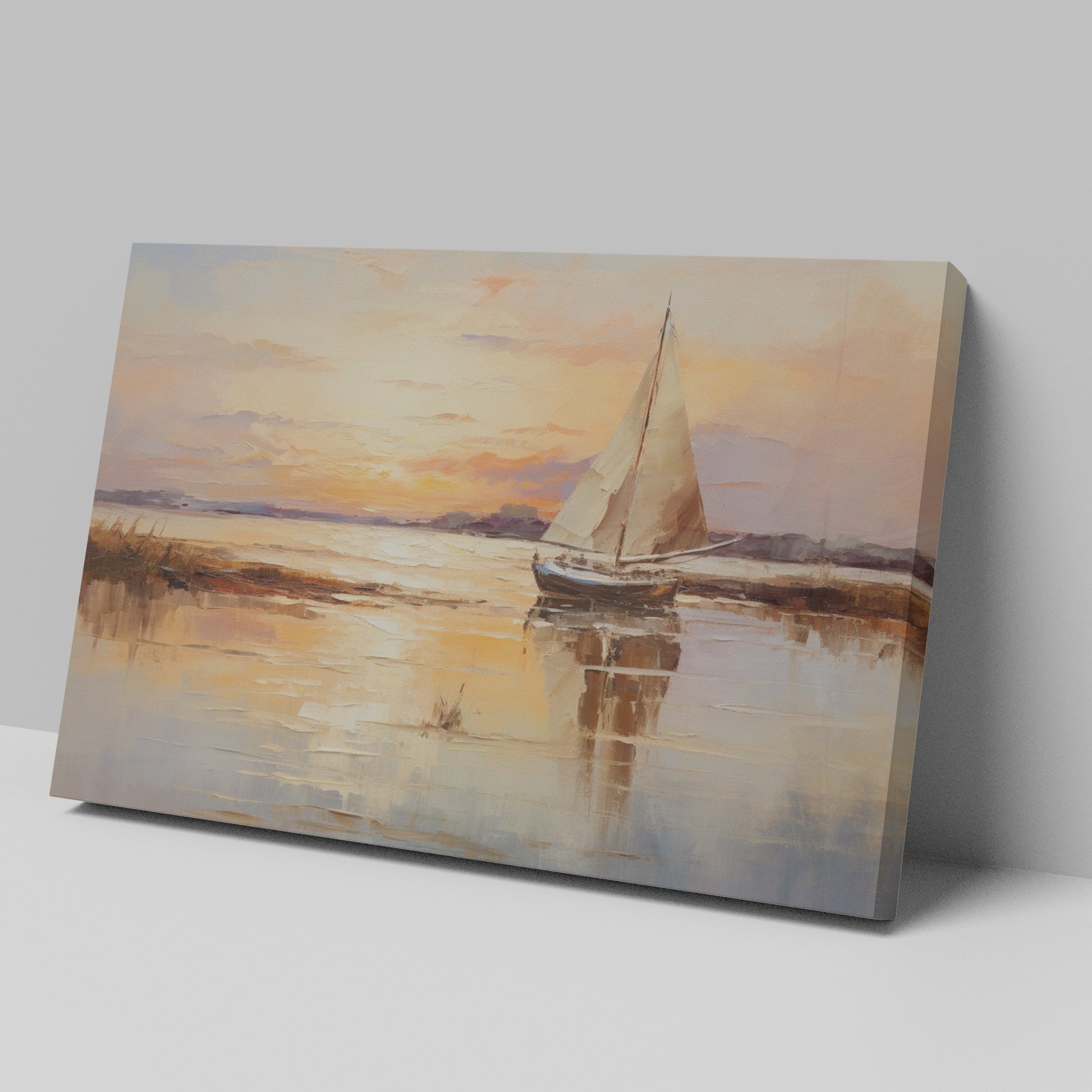 Impressionistic painting of a sailboat on calm waters at sunset with vibrant orange and yellow tones reflecting on the water.